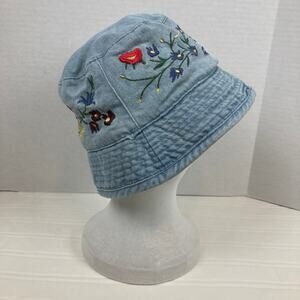 TLC Direct Hat Womens Blue Denim Cotton Bucket Fisherman Sun Embroidered Floral